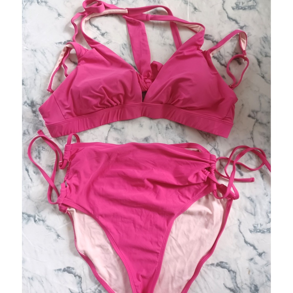 Hot‎ Pink Swimsuit Bikini Set Medium High Waisted Bottoms Retro Y2K Pool Party